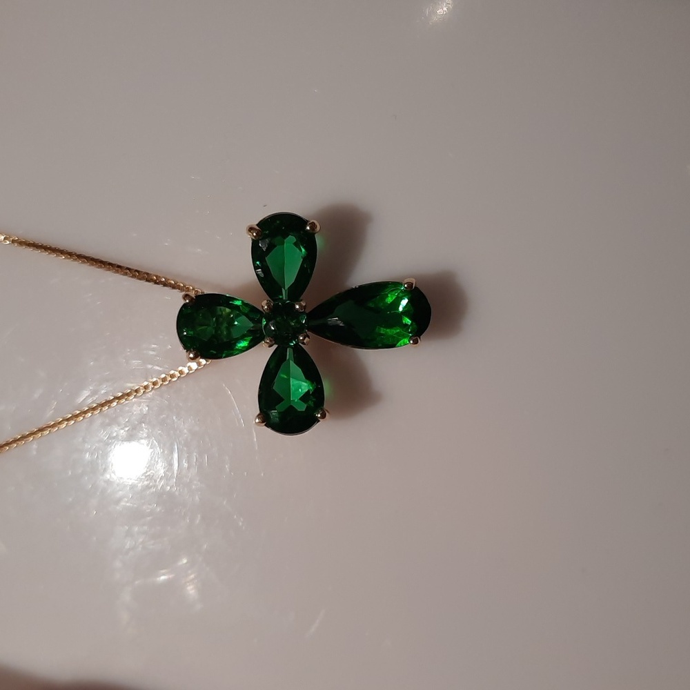 Solid 14K Yellow Gold Over Sterling Silver Emerald Cross & Chain May Birthstone